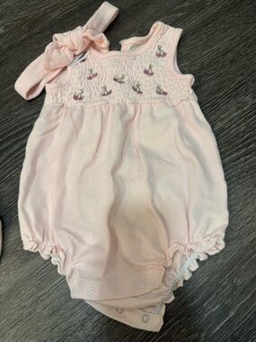 Baby Pink Smocked One-Piece Romper with Headband